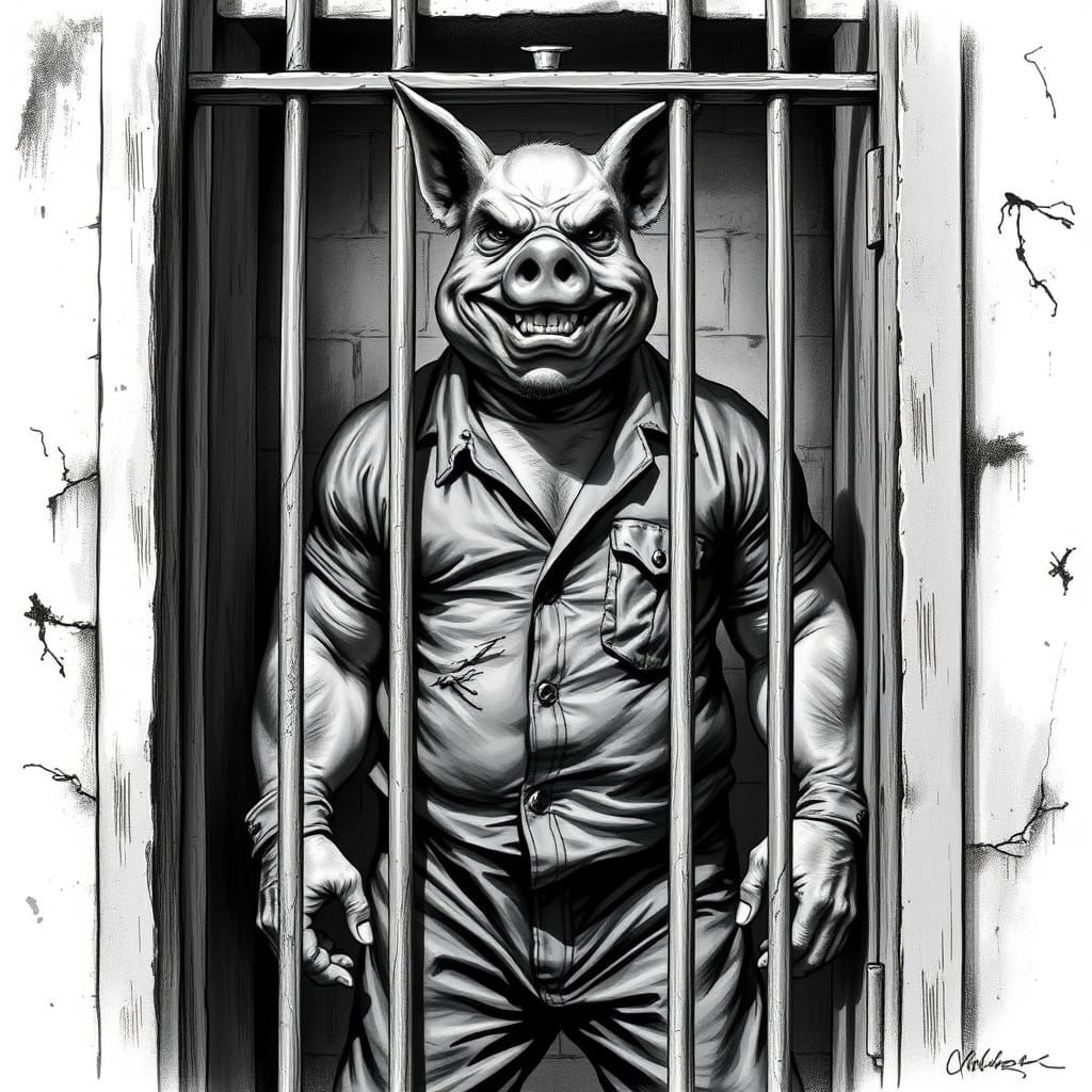 Sinister Pig-Man Grins in Prison Cell: Dark Fantasy Style