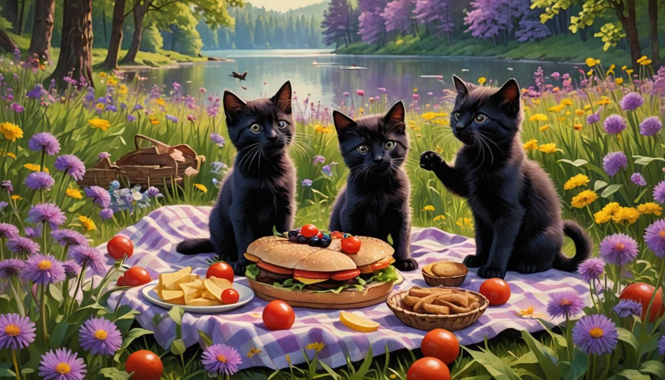 Kitten and Puppy's Picnic: Impressionist Oil Painting
