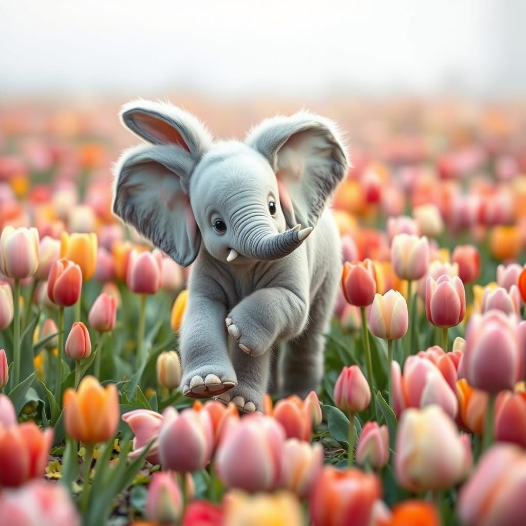 Whimsical Half-Elephant, Half-Bunny Hybrid in a Secret Garde...