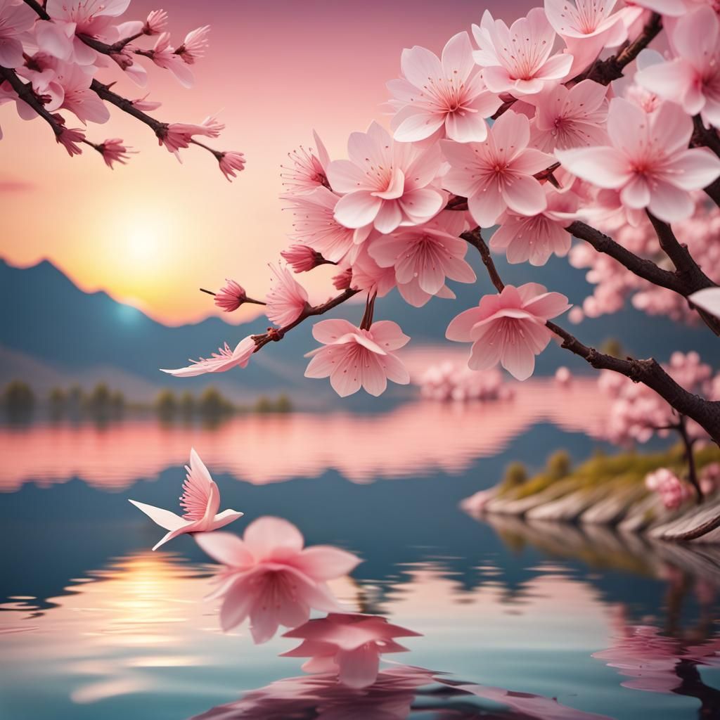 Cherry Blossom Sunset: Origami Papercraft Style