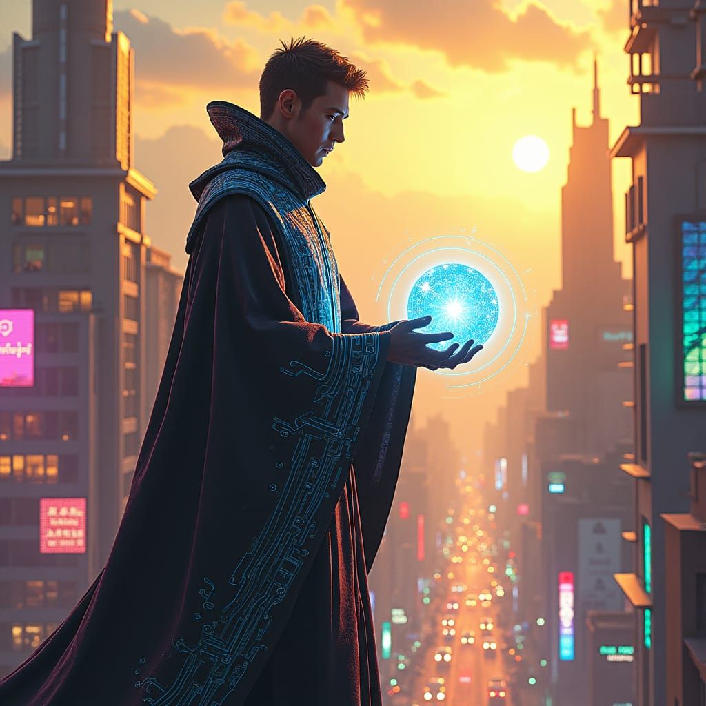 Cyberpunk Sorcerer Weaves Magic on Futuristic Skyscraper