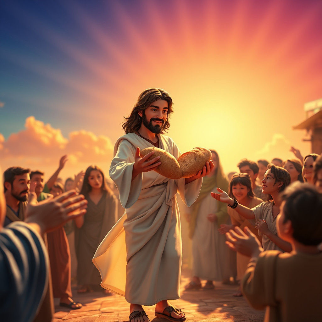 Young Jesus Distributes Bread: Disney-Style 3D Art
