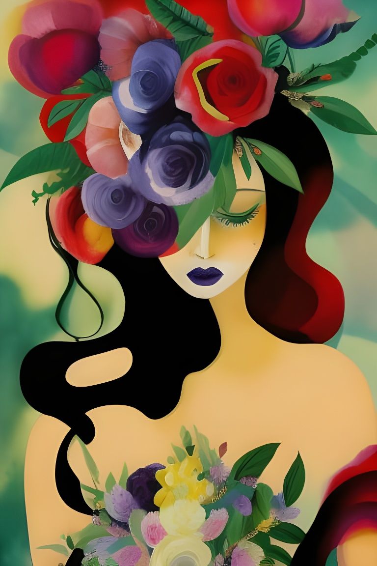 Woman with Rosa Gallica Flowers in Watercolor Style