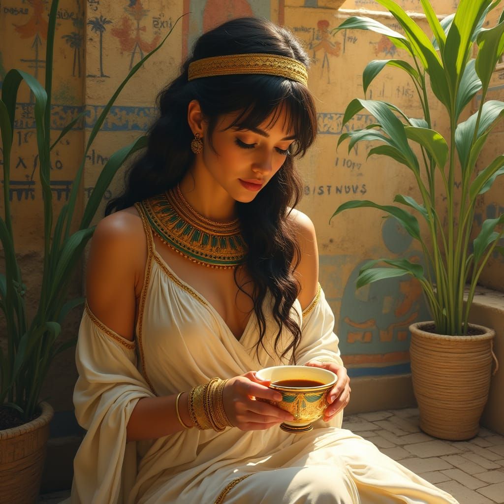 Ancient Egyptian Girl Savoring Coffee in Sunlit Courtyard