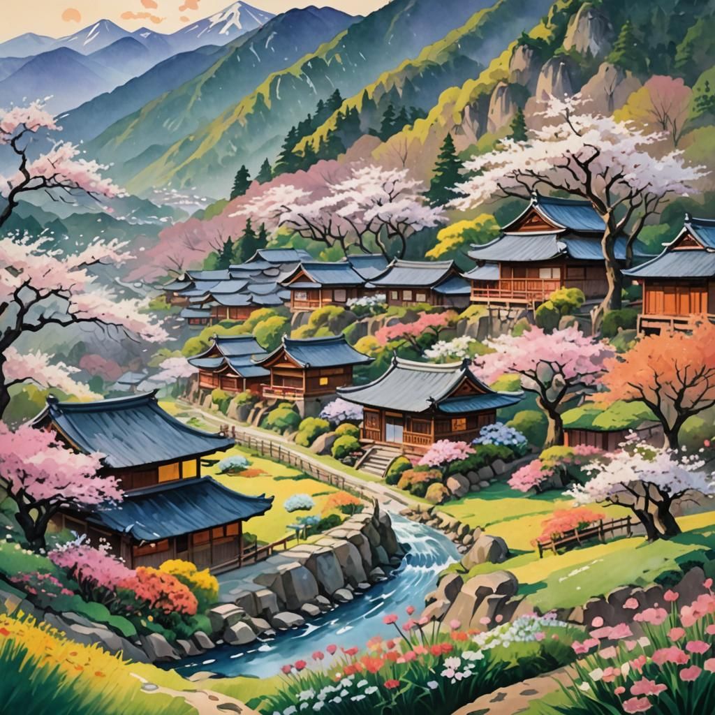 Mountain Village Sunrise: Gouache Impressionist Painting