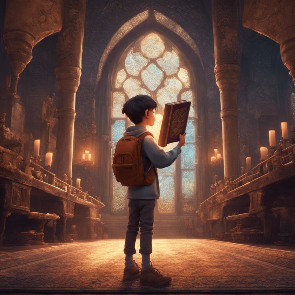 Cartoon Boy Student Holding Quran: Detailed Matte Painting