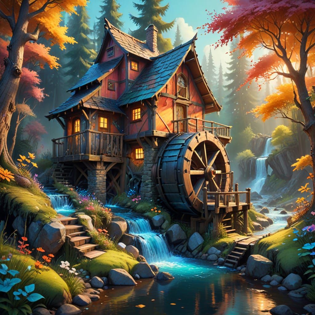 Enchanted Forest Waterwheel Scene in Whimsical Watercolor St...