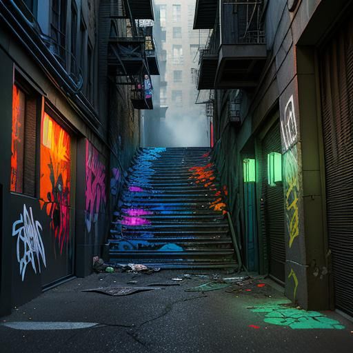 Gritty Urban Alleyway with Vibrant Street Art