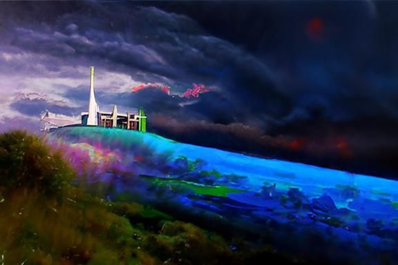 Clocktower on Neon Planet: Geometric Digital Illustration