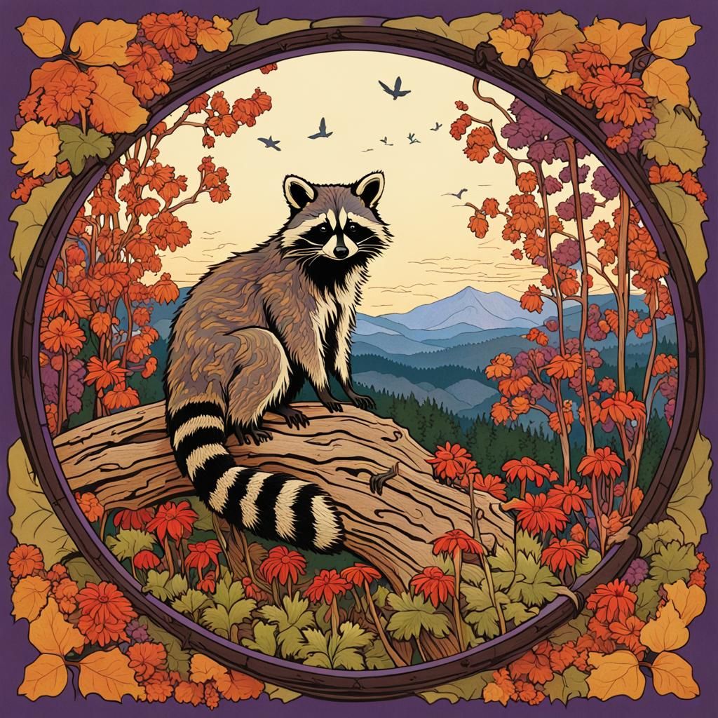 Raccoon and Chickadee Woodcut in Art Nouveau Style