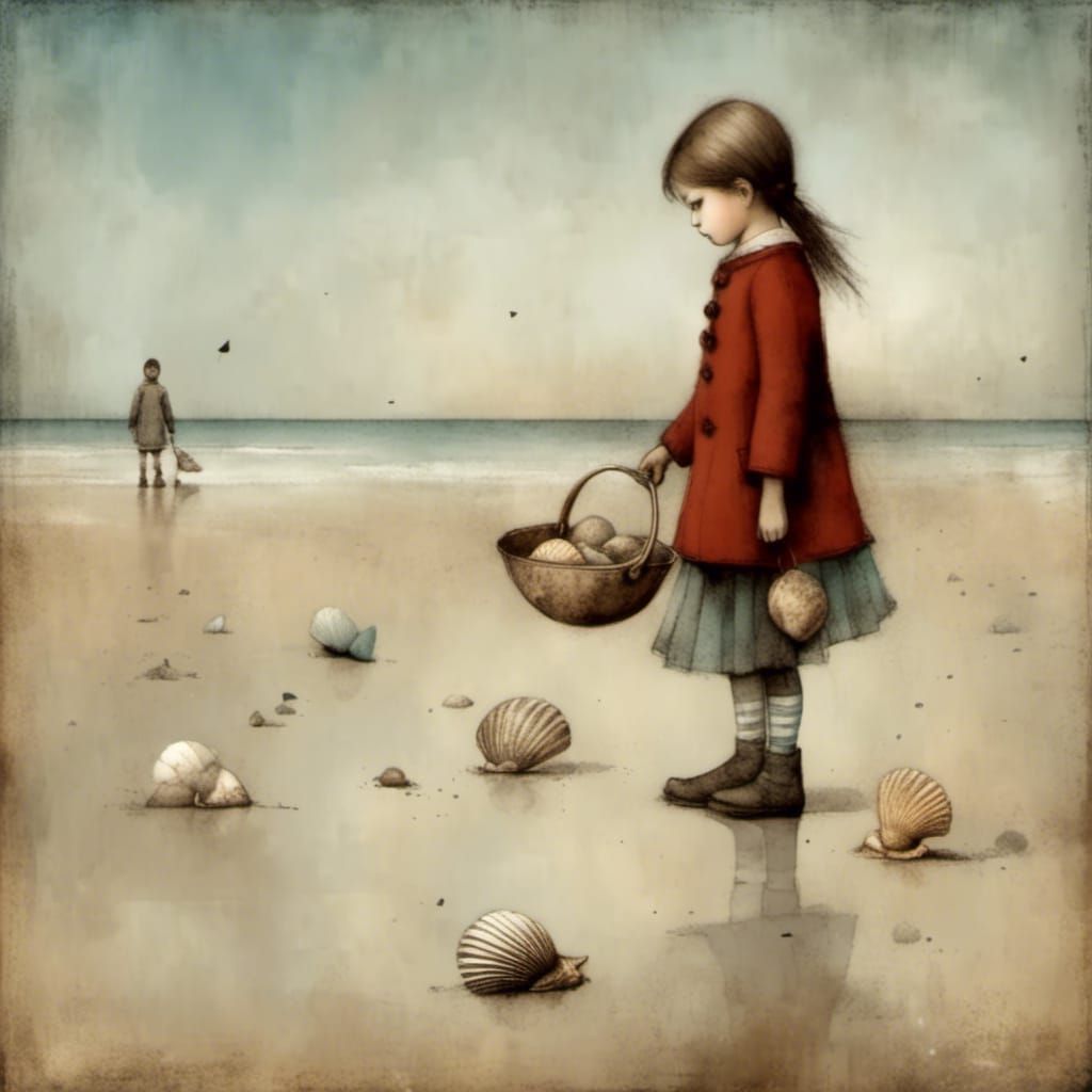 Girl Collects Seashells on Beach in Charcoal and Ink Art