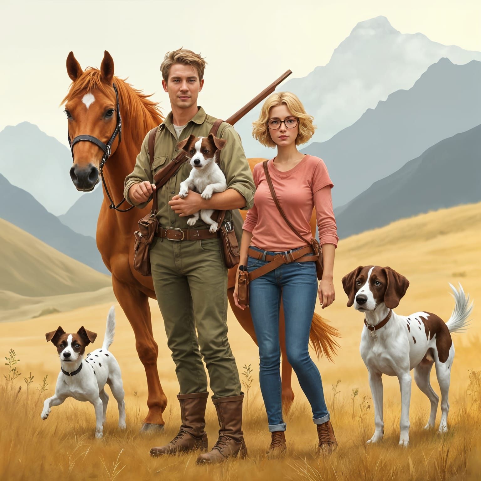 Man and Woman in Whimsical Outdoor Scene with Horses and Dog...