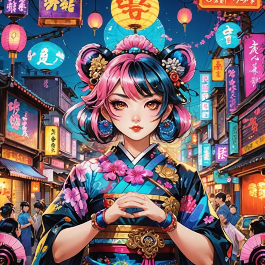Tiger Geisha: Anime Poster Art in Vaporwave Style