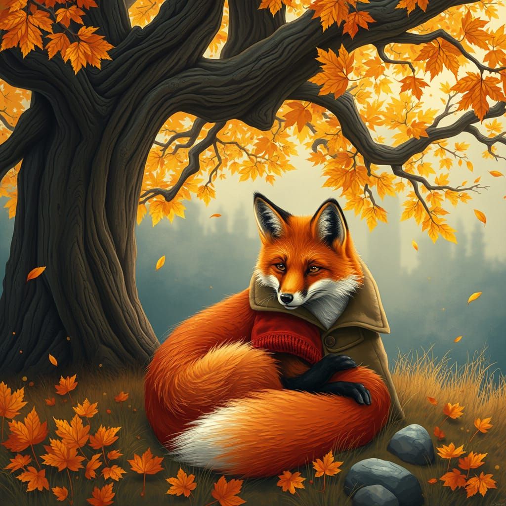 Vibrant Autumn Scene with a Red Fox Beneath an Ancient Oak