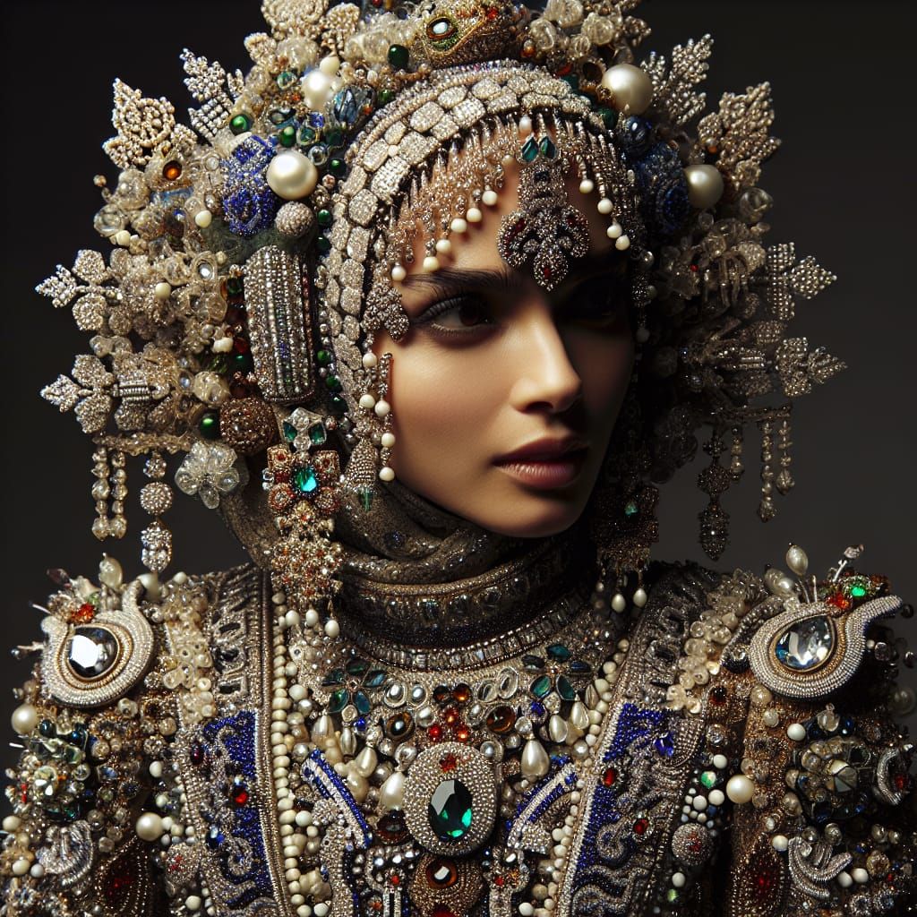 Woman in Maximalist Beaded Gown with Fantasy Jewelry