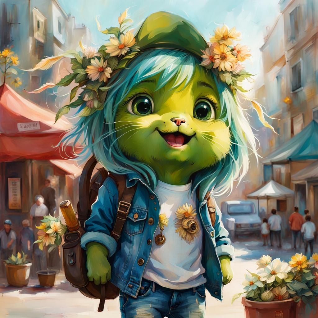 Adorable Pickle Portrait in Jeans, Whimsical Art Style