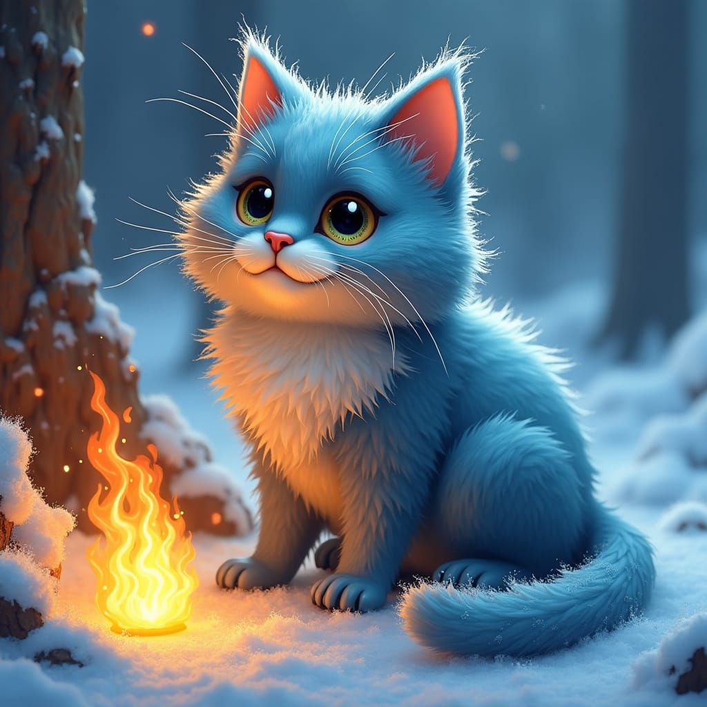 British Shorthair Cat in Fire and Ice Illustration