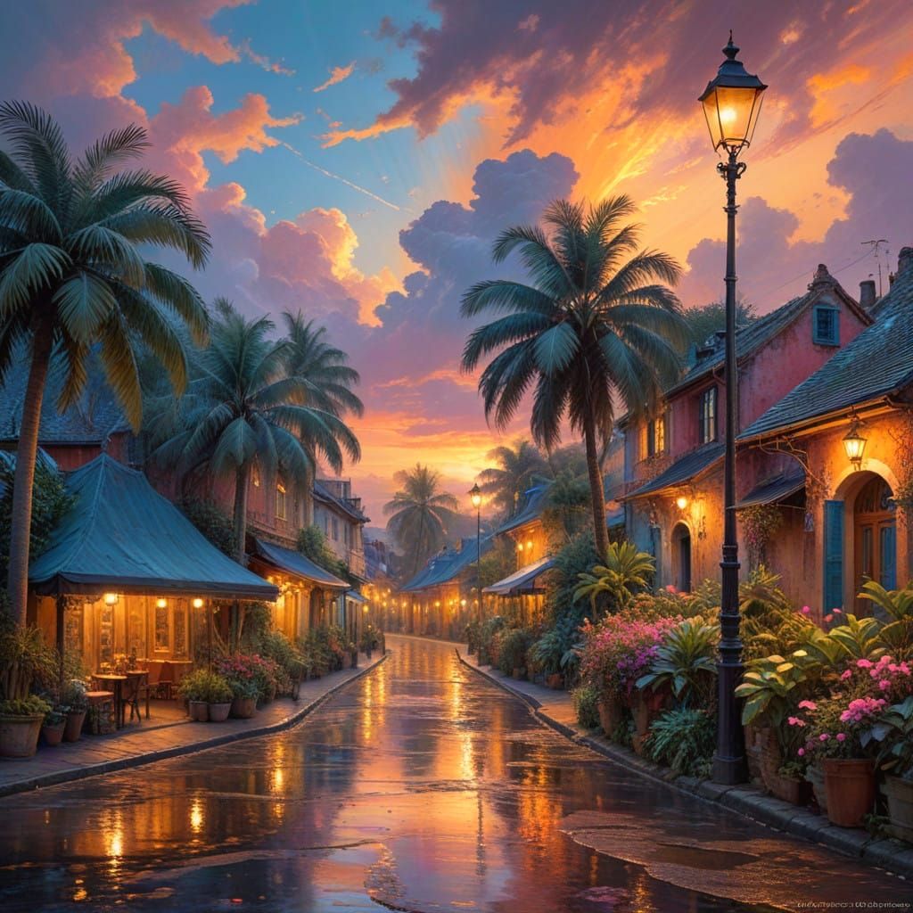 Warm Tropical Village Scene in Dreamy, Whimsical Style