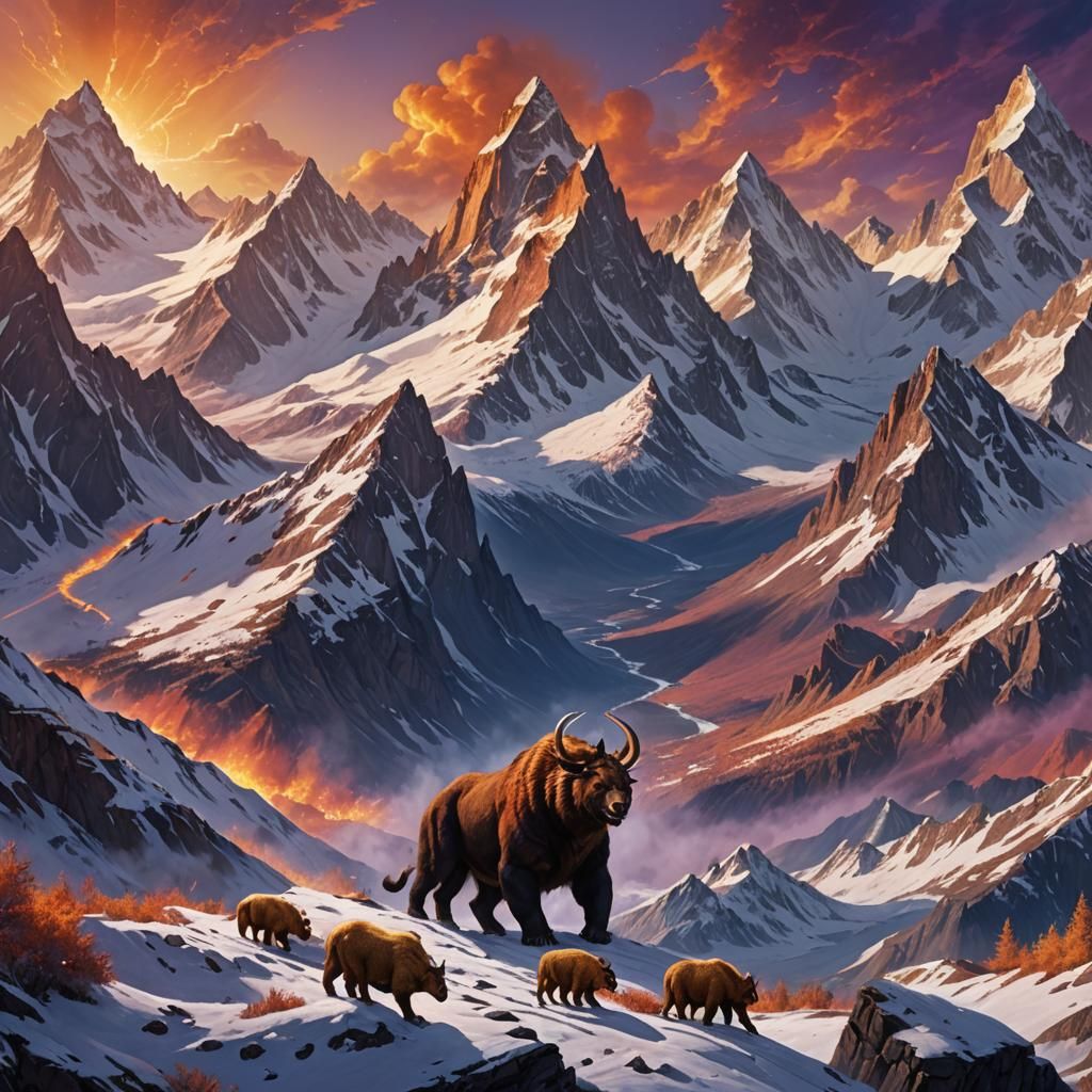 Emberpeak Mountains: A Matte Painting of Fiery Beasts