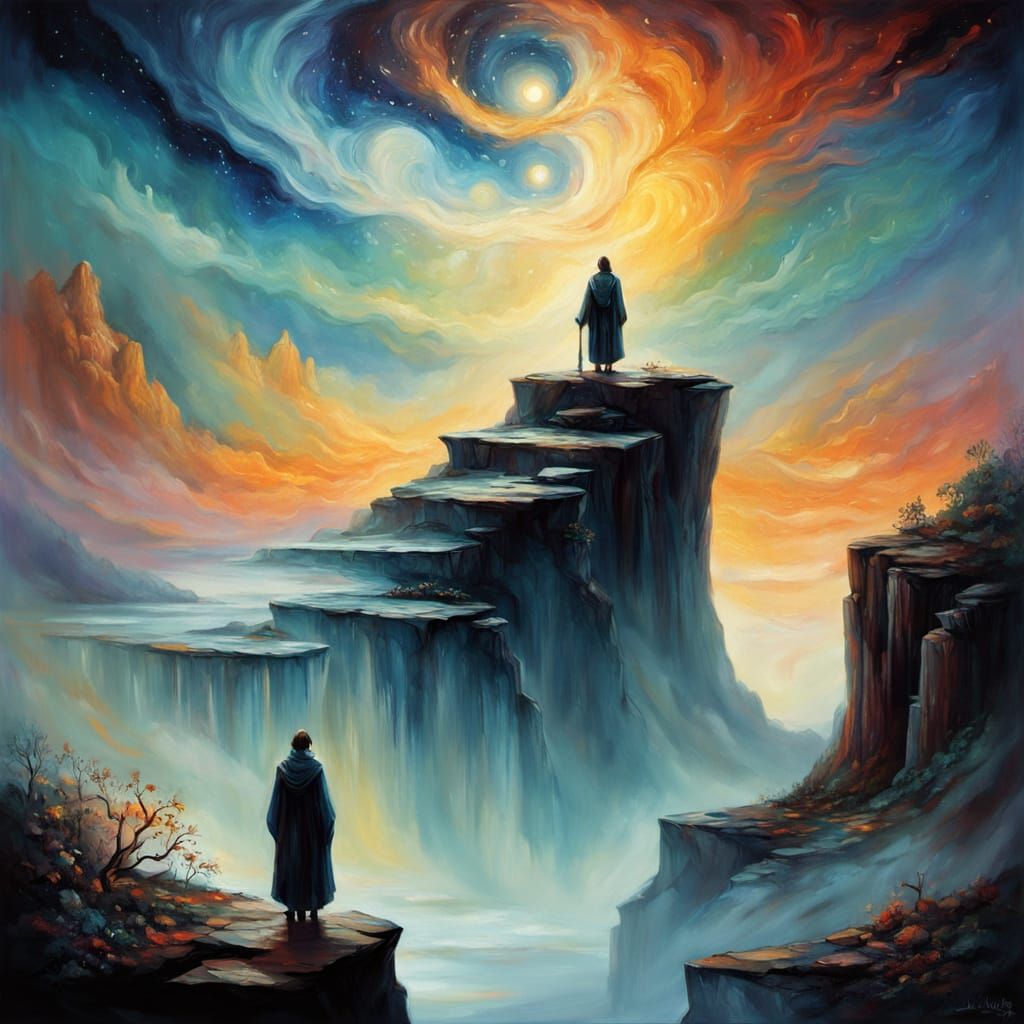 Mythic Figures at Cliff Edge in Dreamlike Surrealism