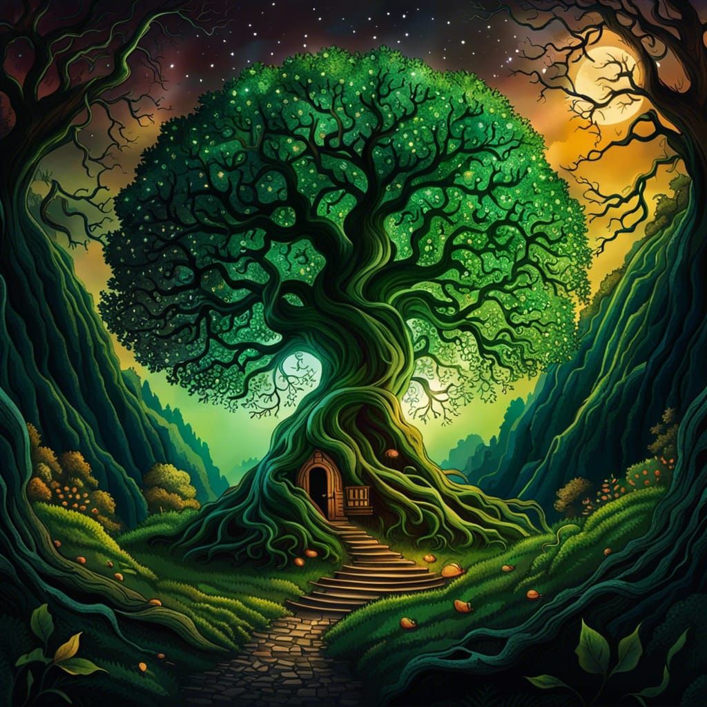 Magical Pumpkin Tree with Creepy Smile, Digital Painting