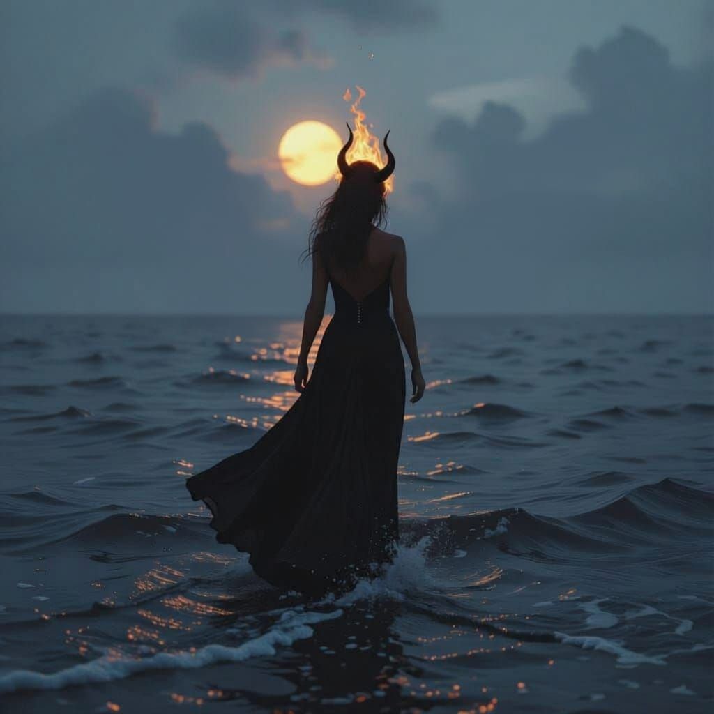 Fire Demon Woman Steps into Black Ocean Shore