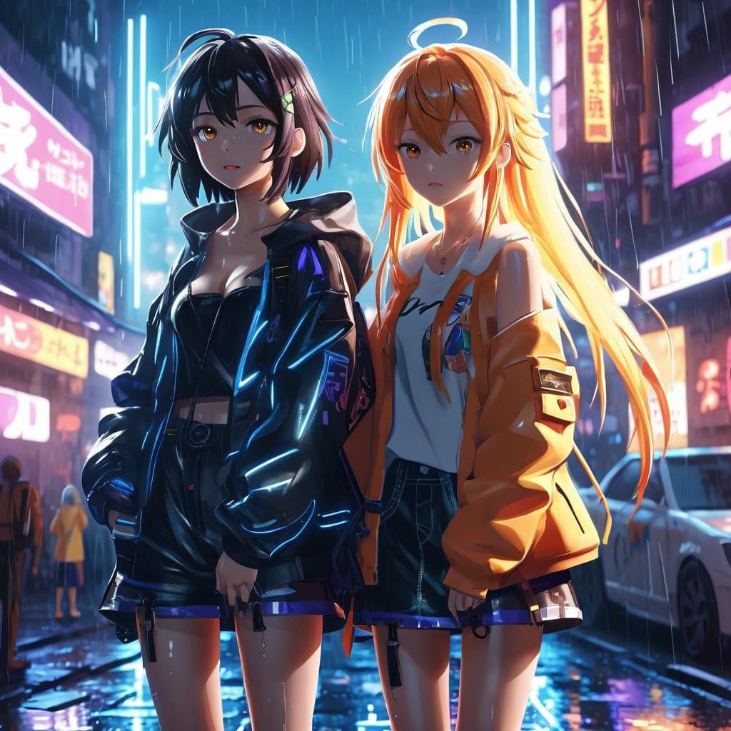 Hyper-Realistic Anime Heroes in Neon-Lit Cityscape