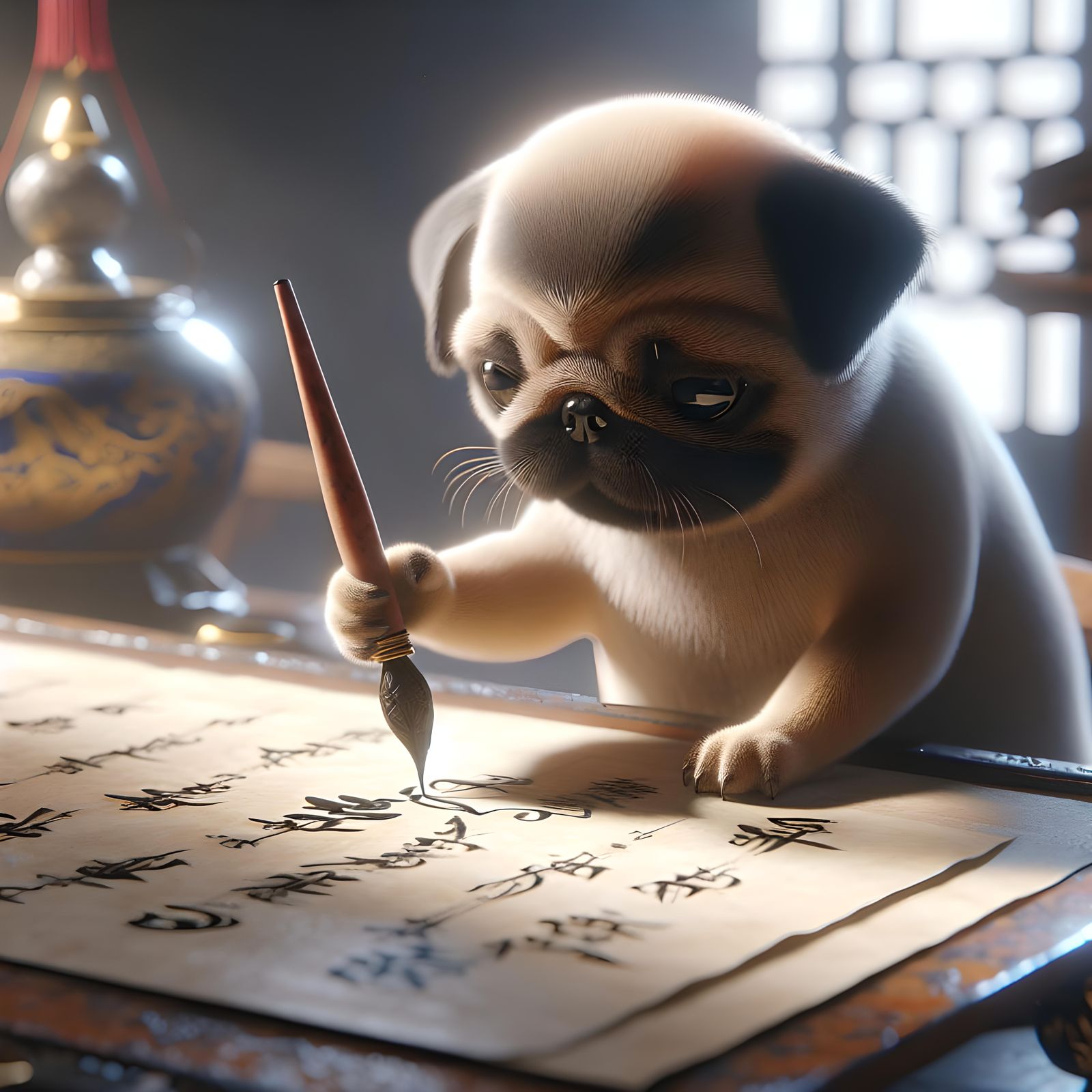 Pug Master of Calligraphy: 3D Render