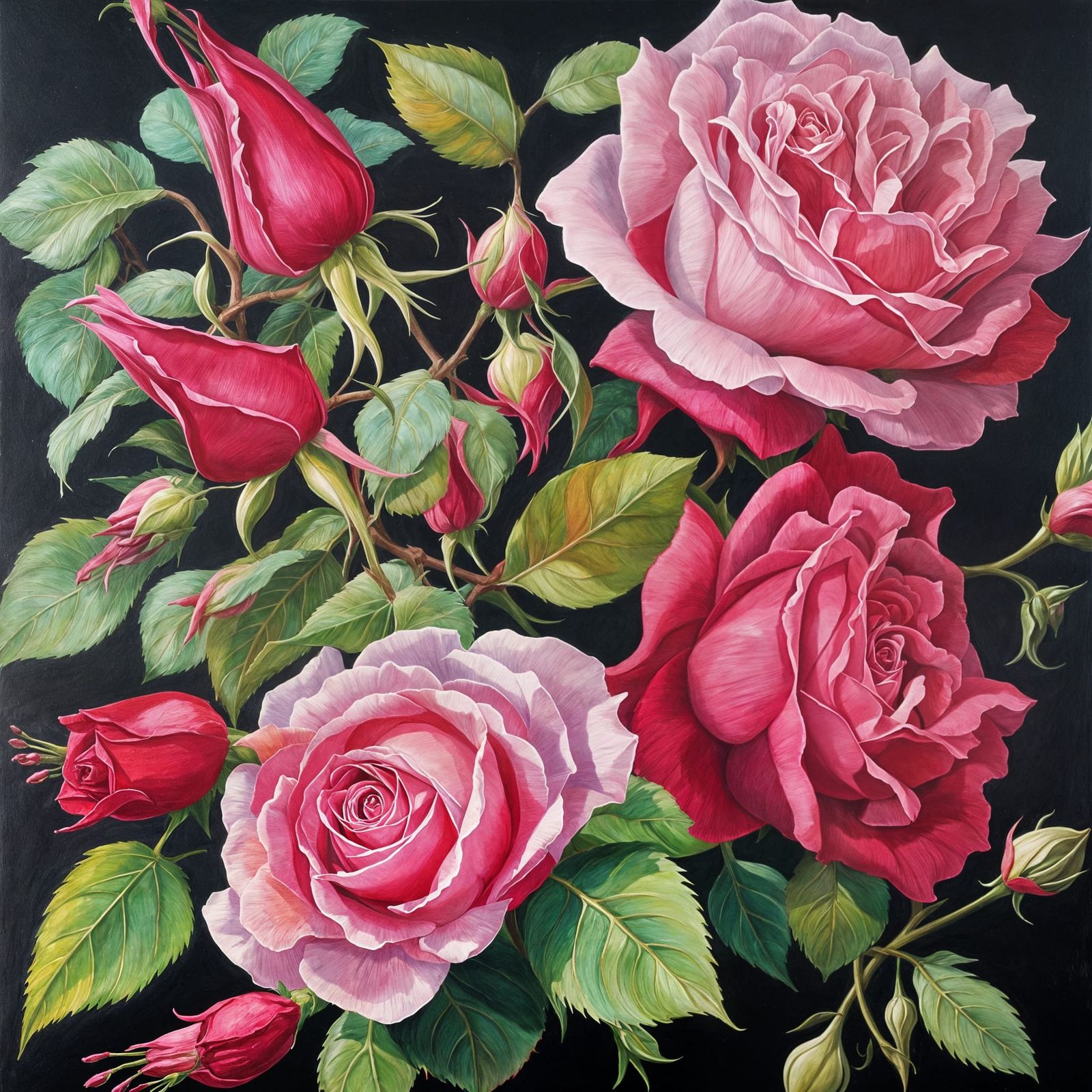 Extravagant Roses and Fuchsia Gouache Painting