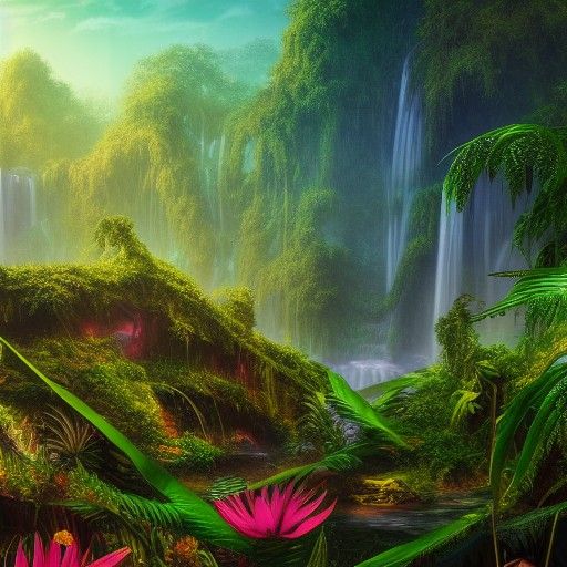 Rainbow Waterfall in Lush Jungle Landscape