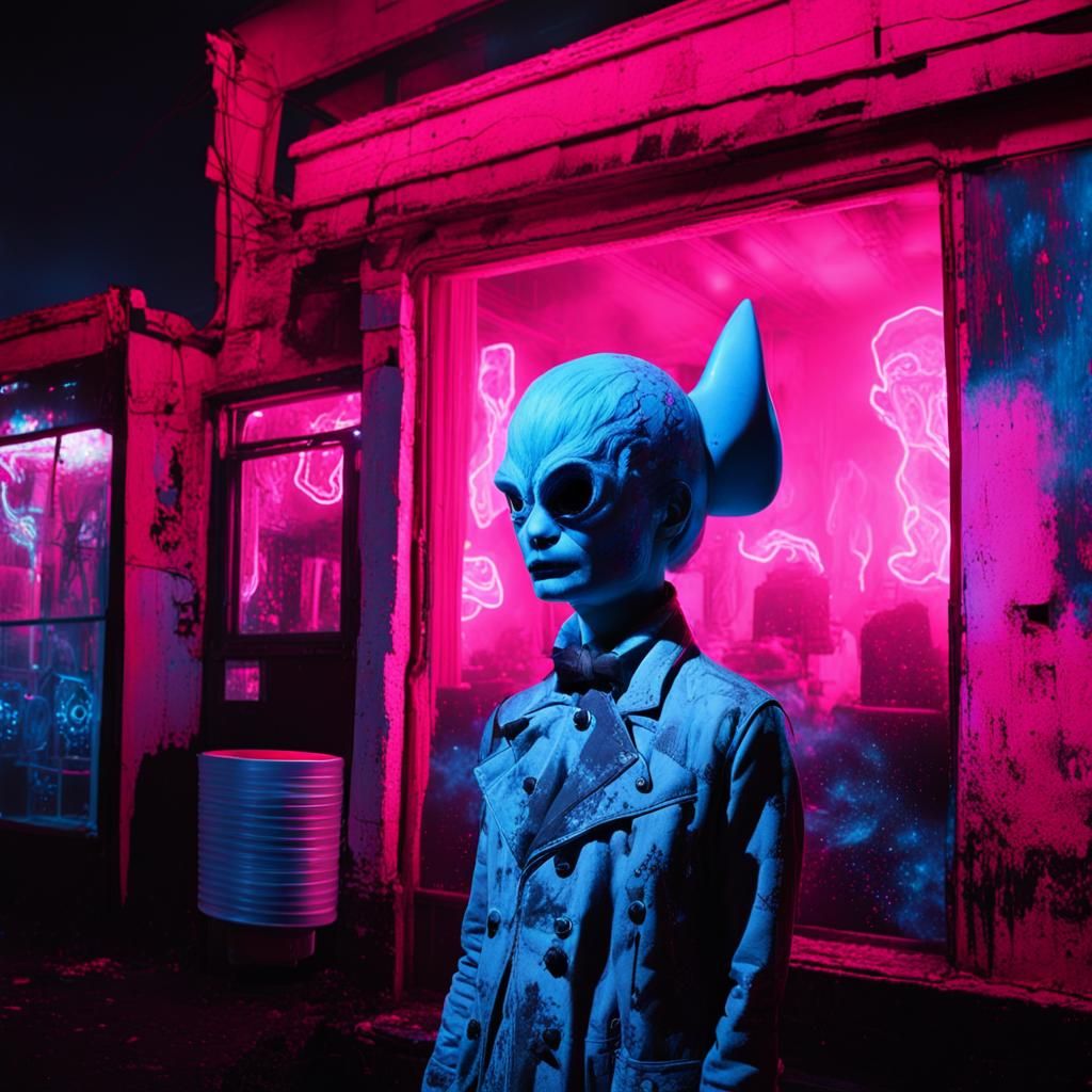 Cyberpunk Goth Scene with Giant Monsters and Neon Lights