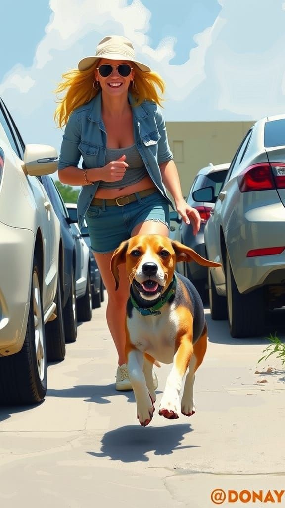 Woman Chasing Beagle with Pigeon, Digital Painting
