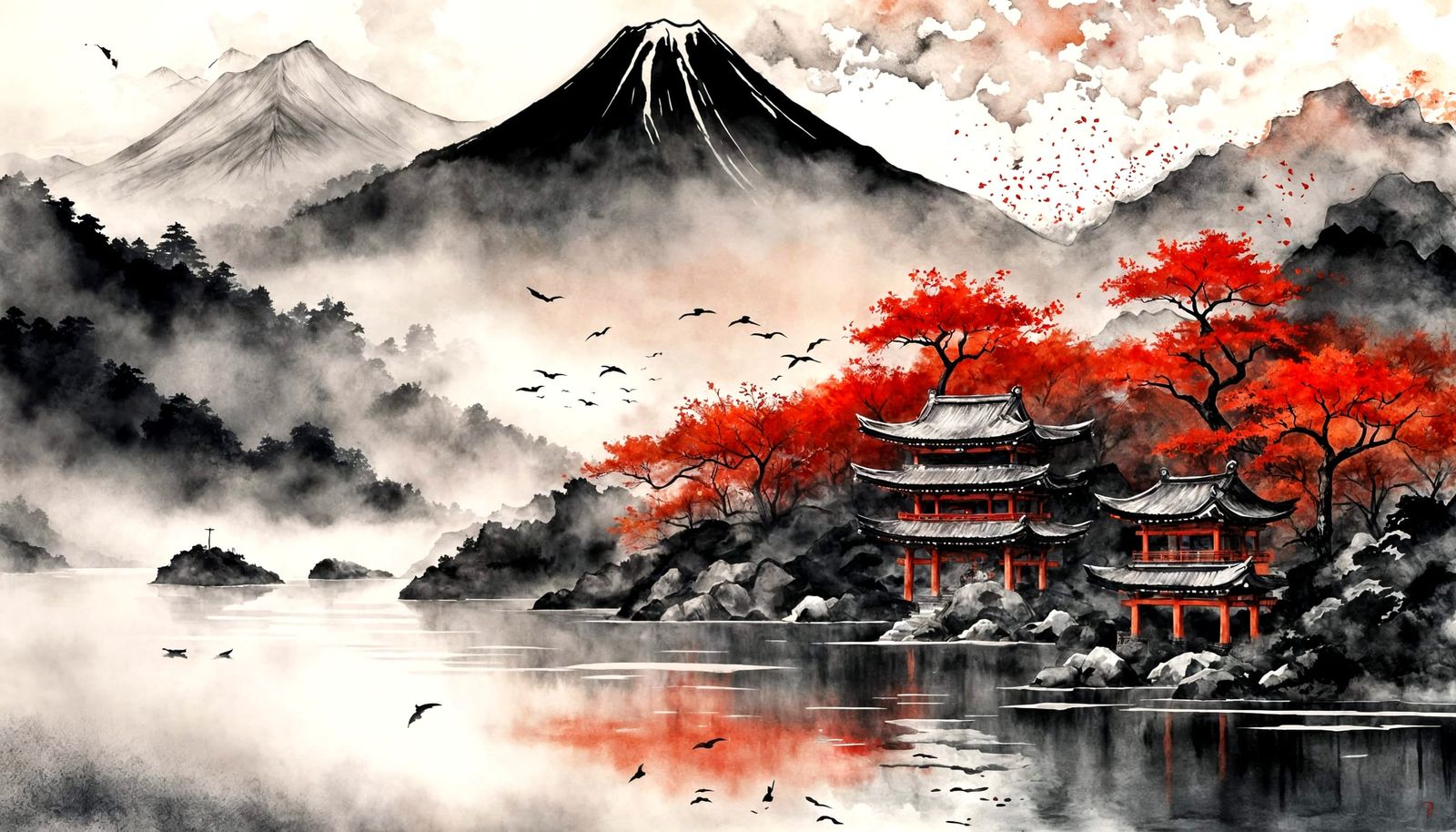 Red Gate and Moonlit Mountains in Ink Wash