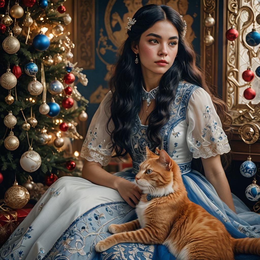 Red Cat and Jugendstil Girl in Christmas Scene