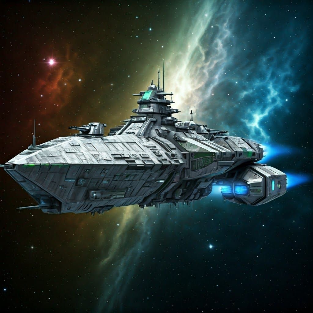 Futuristic Silver Warship in Nebula, Concept Art