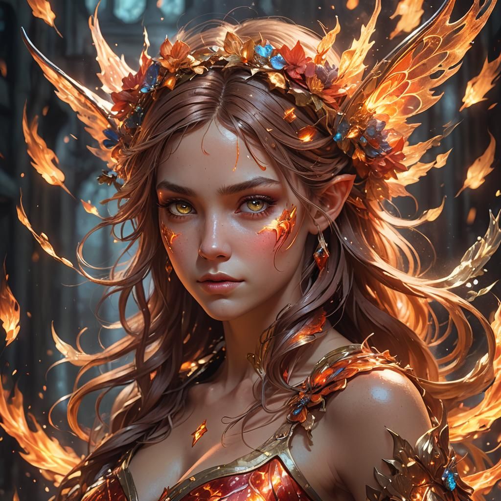 Fire Fairy Portrait in Art Nouveau Style