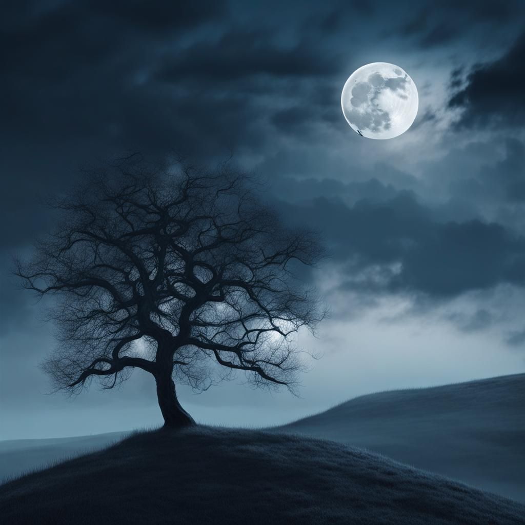 Mystical Moonlit Tree in Atmospheric Landscape