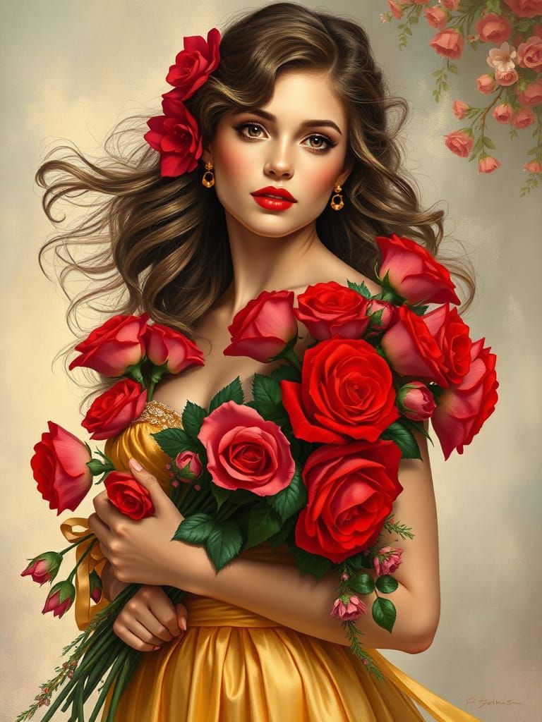 Elegant Woman with Roses in Art Nouveau Style