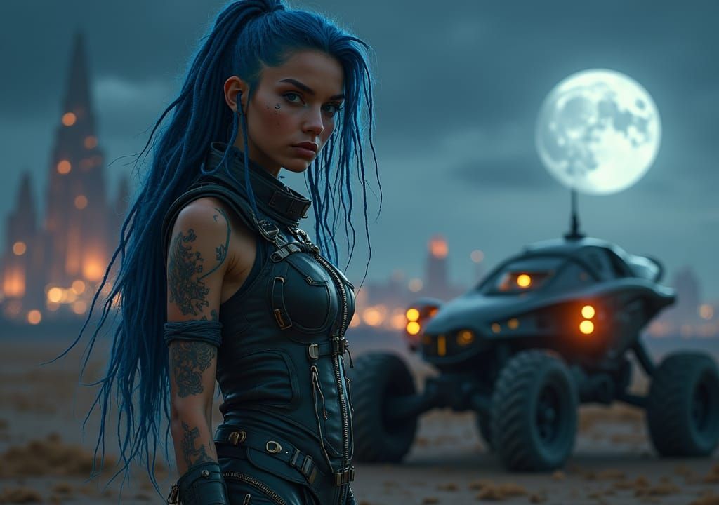 Confident Blue-Haired Woman on Alien Planet