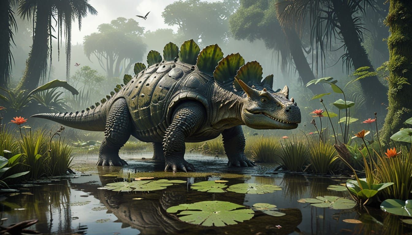 Ancient Armored Beast Amidst Primeval Wetlands