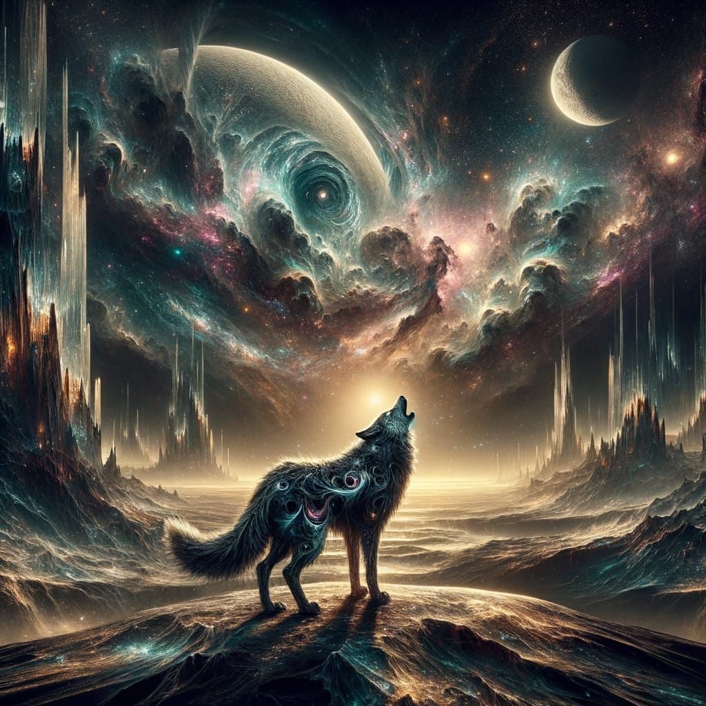 Lone Wolf in Cosmic Alien Landscape