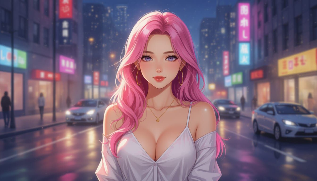 Sensuous Woman with Pink Hair in Urban Night