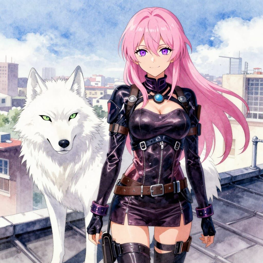 Pink Haired Ninja and Wolf on Rooftop in Watercolor Style