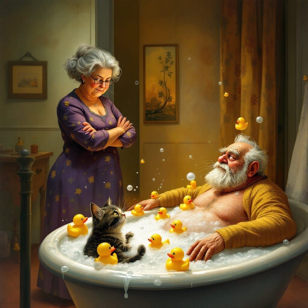 Disapproving Grandma Scowls at Grandpa and Cat in Bathtub
