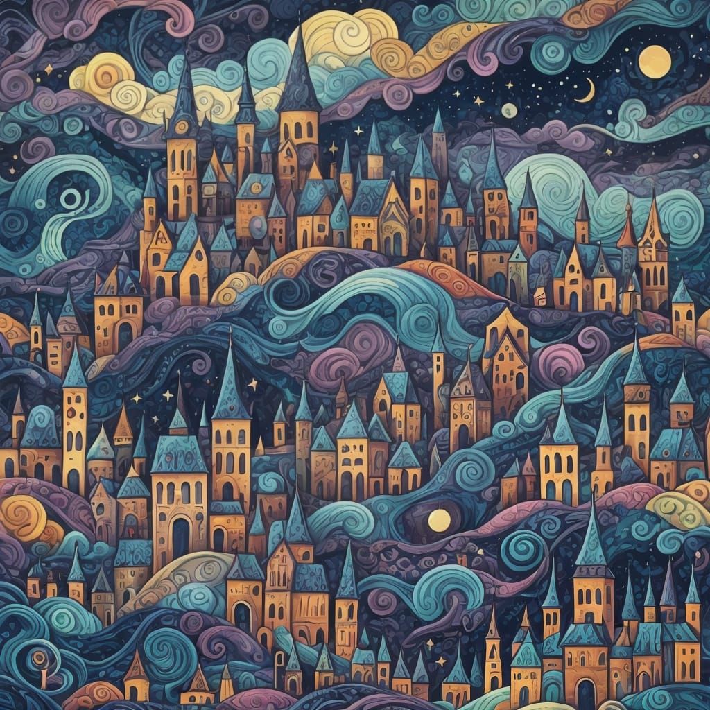 Whimsical Folk Art Skyline in Dark Colors