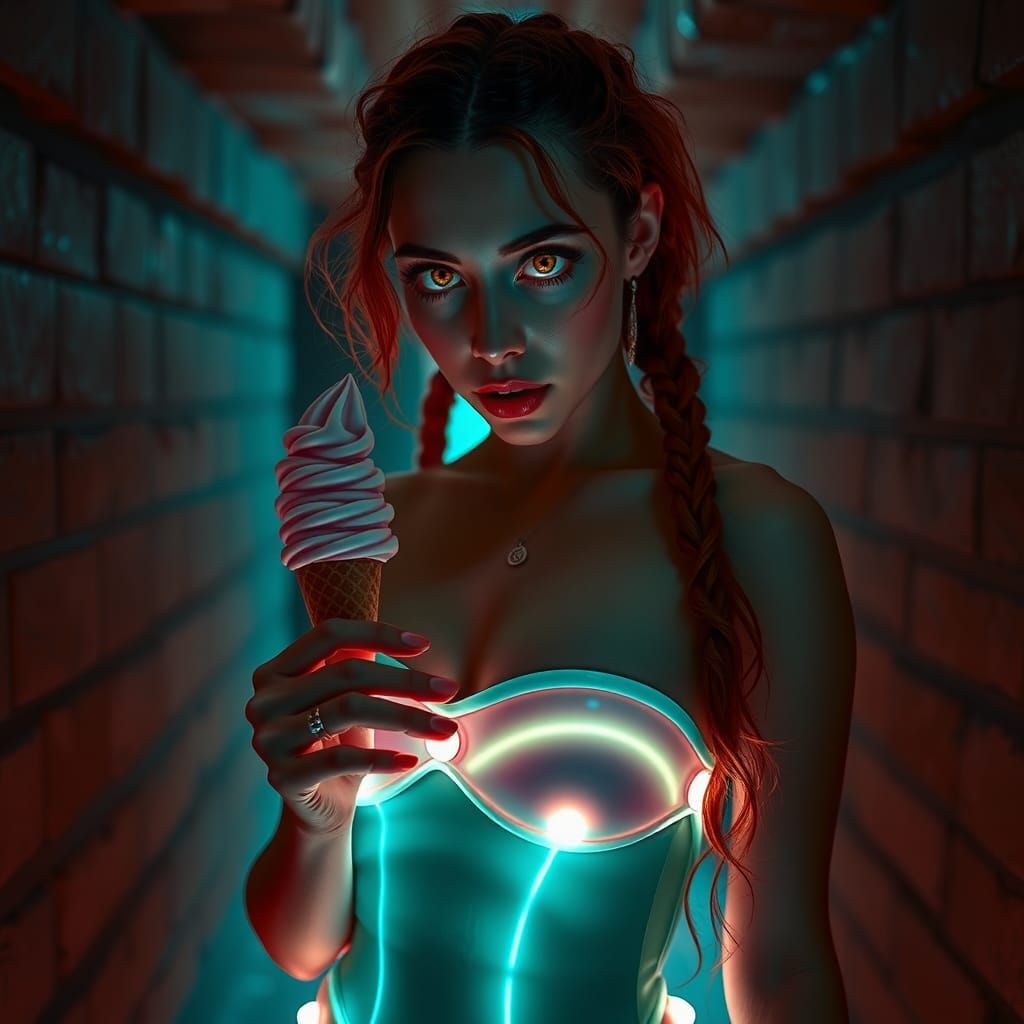 Neon Cellar: Woman with Ice Cream in Cyberpunk Style