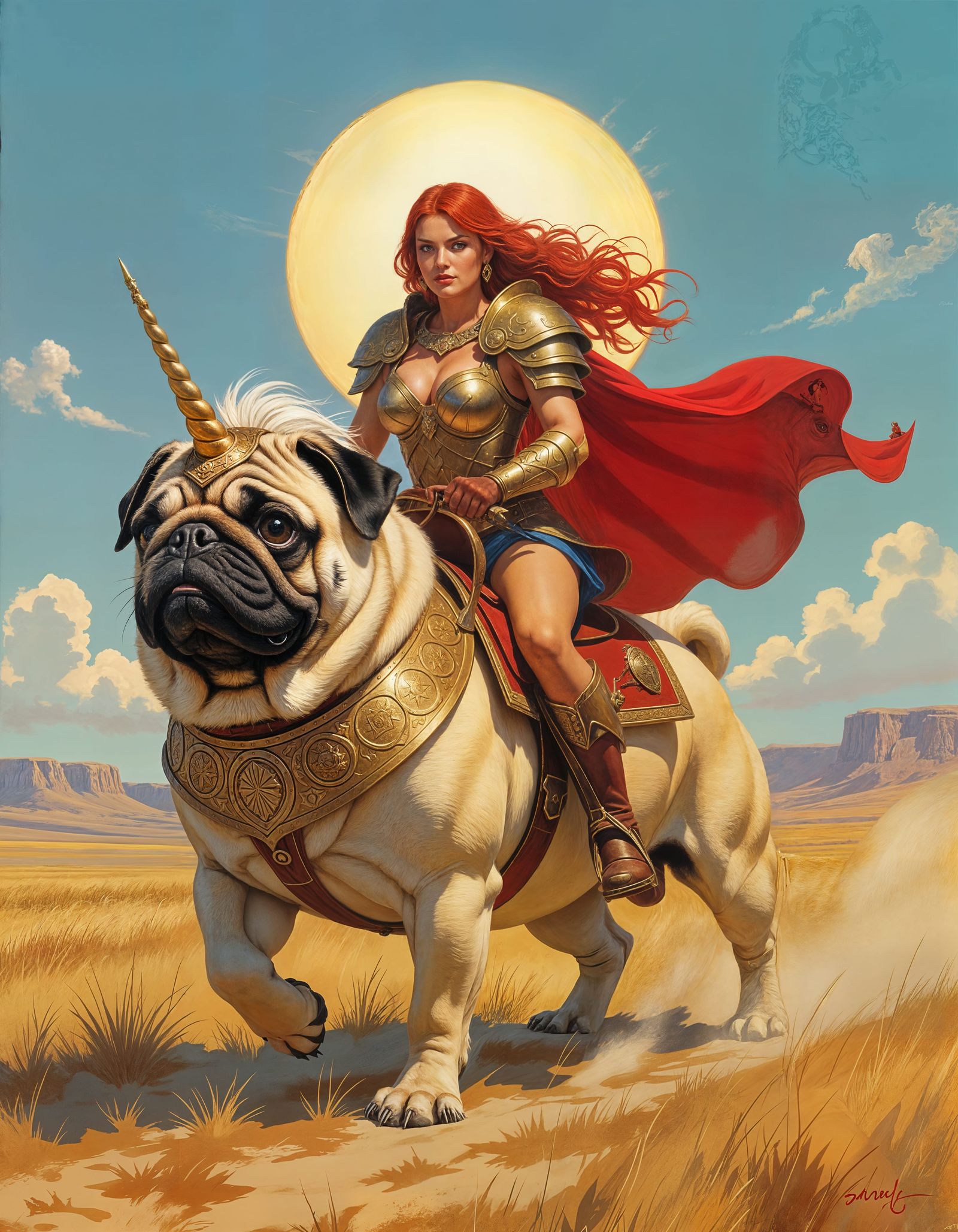 Red Sonja Rides Armored Pug at Sunrise