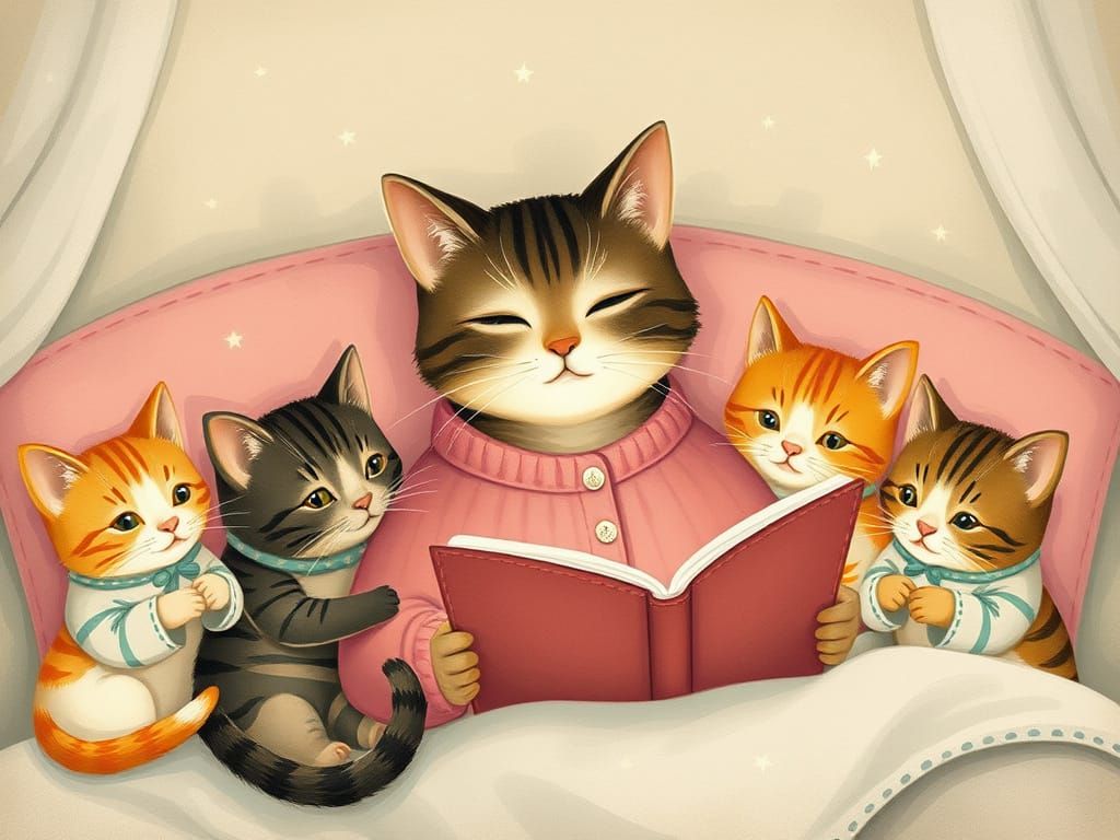 Whimsical Cat Mother Reads Bedtime Stories to Kittens in Coz...