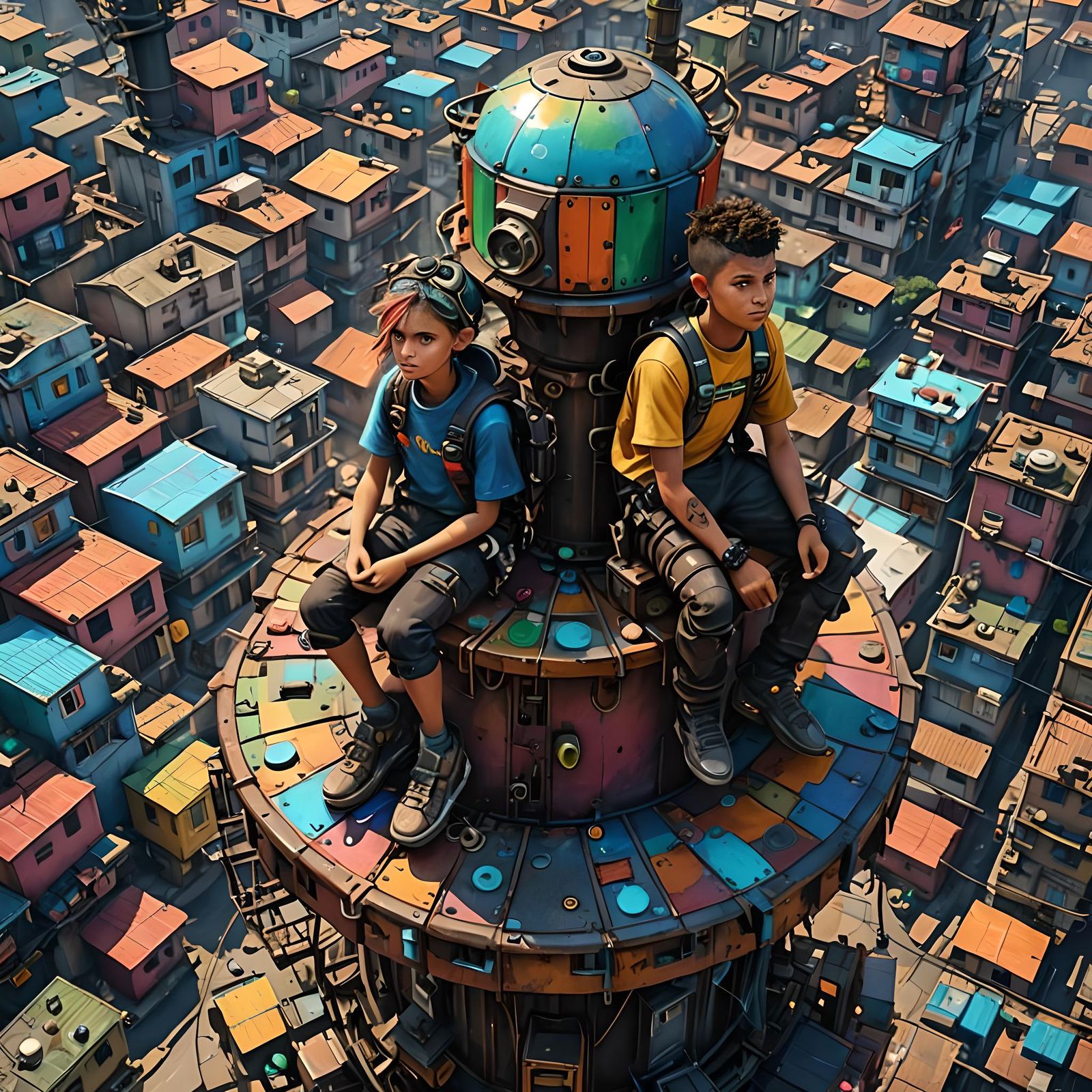 Cyberpunk Siblings on Rainbow Water Tower