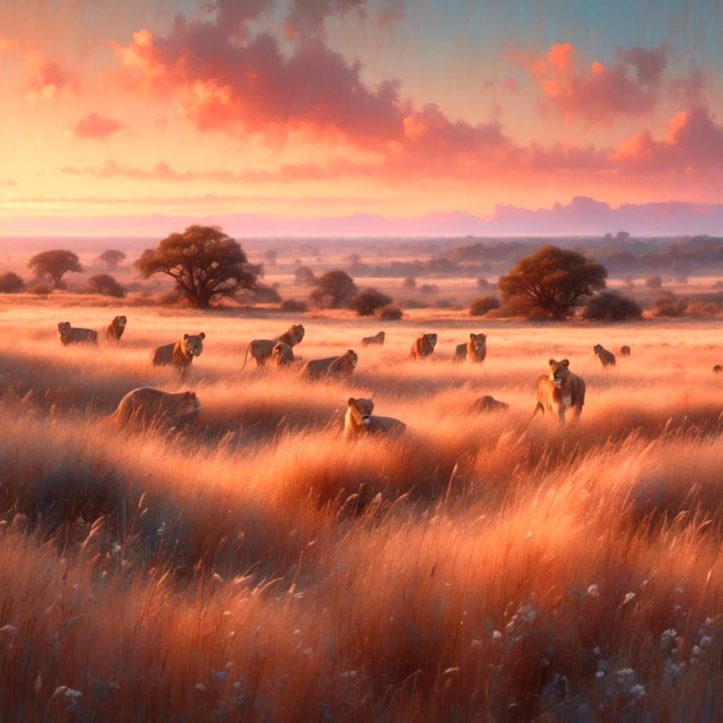 Golden Lions Roam a Savannah at Sunrise